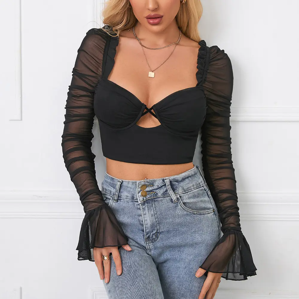 Hotsale Sexy Summer Ladies Tops Fashion mesh long sleeves short shirts Sexy crop tops for women