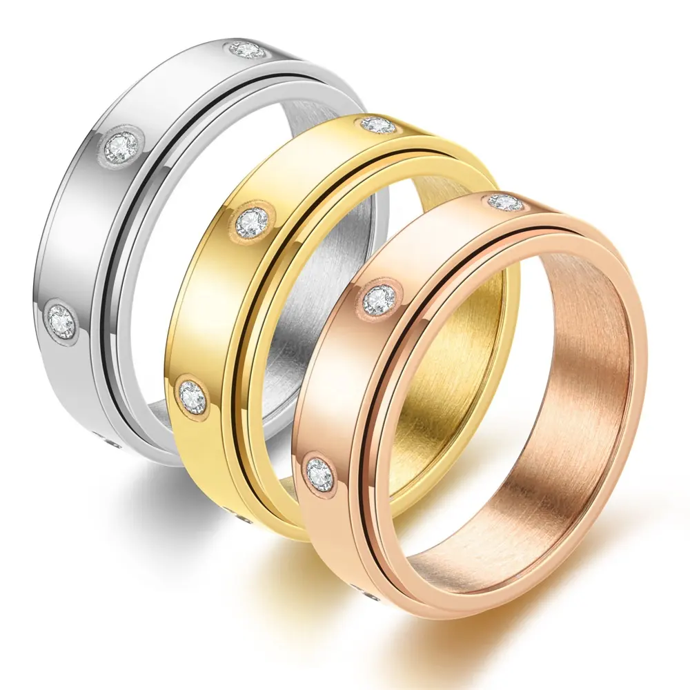 Fashion Rotatable Stainless Steel Zircon Diamond Ring Women Wedding Ring Stress Relief Fidget Ring