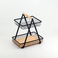 Panier à fruits en métal à 2 niveaux pour comptoir de cuisine avec poignée en bois, grands paniers amovibles pour fruits, légumes, pain, collations