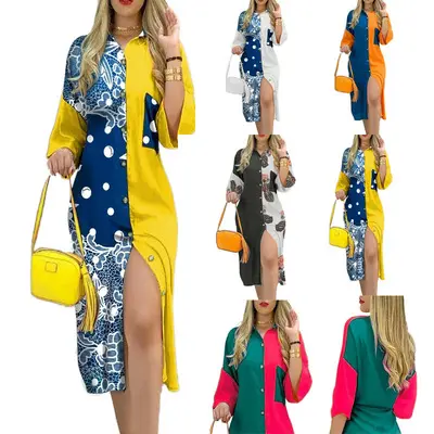 Ladies Dress Fashion Color Matching Slim Half-Sleeved Shirt Dress Casual Home Street Commuter Plus Size Dress Women Coldker