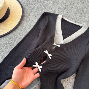 Cardigan en tricot à col carré et manches longues avec empiècements en dentelle, nouvelle version coréenne décontractée pour femme, printemps - Product Image 5