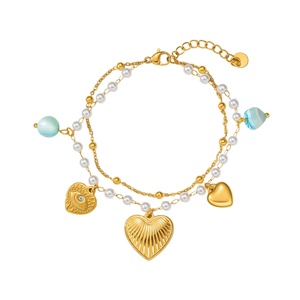 18K PVD Gold Plated Pearl Aqua Stone Tarnish Free Jewelry Gift <b>Boho</b> Double Layer Stainless Steel Heart Devil Eye Charm <b>Bracelet</b> - Product Image 6
