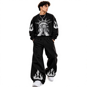 SPLENDID APPAREL เสื้อสเวตเชิ้ตคอกลมสีพื้นสำหรับผู้ชายและกางเกงลายเปลวไฟ ชุดเซ็ตแทรคสูท ผ้าฝ้าย 100% - Product Image 1