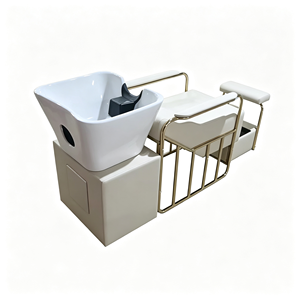 Fauteuil de lavage de luxe rose pour salon, avec cadre en acier inoxydable doré, dossier en cuir PU et bac en céramique blanc séparé - Product Image 6