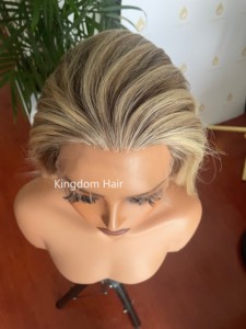 Cuticule alignée cheveux européens <span class=keywords><strong>brune</strong></span> blonde Balayage avec racine cendrée réaliste haut en soie pleine dentelle perruque juive pour l'alopécie - Product Image 6