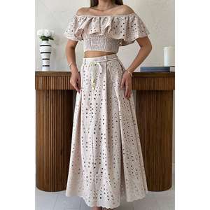 Conjunto de blusa y falda de encaje bohemio Visa para mujer, de manga corta, transpirable, falda larga, conjunto de dos piezas - Product Image 1