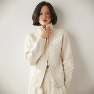 Suéter cárdigan de Cachemira de peso pesado con cuello de solapa de punto de cable con cremallera de doble cara para <span class=keywords><strong>mujer</strong></span> - Product Image 4