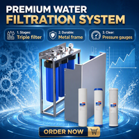 Système de filtration d'eau pour toute la maison Big Blue à 3 étapes en acier inoxydable, 20 pouces, ports BSP de 1 pouce, triple manomètre, armoire