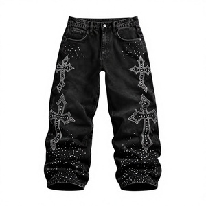 Jean baggy en denim noir à strass pour homme, style streetwear, coupe large - Product Image 1