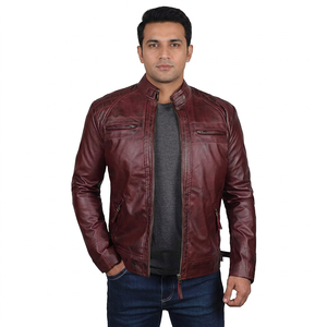Dark Brown Genuine <b>Leather</b> Motorcycle <b>Jacket</b> with Zipper Pockets Real Lambskin Vintage Style Breathable for <b>Men</b> - Product Image 1