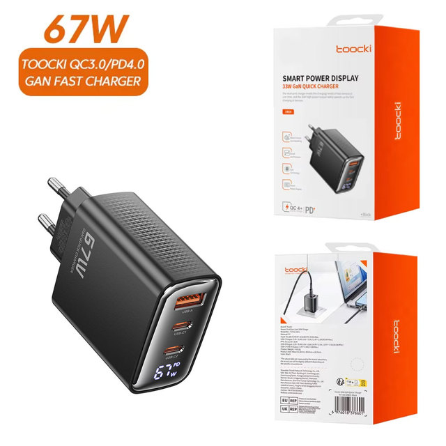 Toocki 3-Ports Digital Display GaN Charger 65W Usb C Fast Charger for iPhone Samsung Mobile Phone Chargers 67W