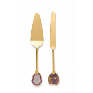 Stainless Steel Gold Cake Server Set With Agate Handles Irregular Shape Handmade 2 Pieces For Wedding Use And Parties - Product Image 1