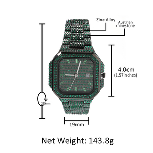 Reloj de Pulsera UWIN Hip Hip para Hombre, Cuadrado, Resistente al Agua, con Esfera de Números Romanos, Completamente Cubierto de Piedras Verdes, Relojes Negros - Product Image 6