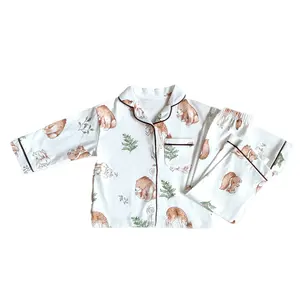 Conjunto de pijamas de estilo europeo con estampado de flores de animales de algodón para niños, ropa de casa de dibujos animados de viento nórdico para niños