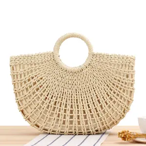 Hot Sale Hand Woven Straw Tote Bag Women Round Handle Ring Summer Beach Straw Bag