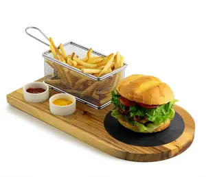 Wholesale Bamboo And Wood Slate Plate Stainless Steel Basket Ceramic Seasoning Cup Set Acacia Wood Burger Board For BBQ