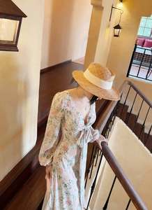 V <b>Neck</b> <b>Tie</b> Front Long Sleeve Slit Breathable Vacation Resort Wear Wholesale Boho Floral Digital Chiffon Maxi Dress Women Deep - Product Image 2