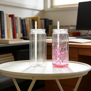 16 oz Plastik-Schneekugelbecher mit Doppelwand, vorgebohrte klare Einmachgläser, DIY-Schneekugel-Tumbler mit Deckeln und Strohhalmen - Product Image 1