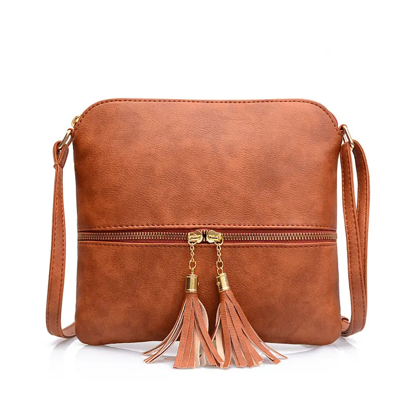 2023 Hot Sale Solid Color Women Tassel Handbag Soft Leather Shoulder Messenger Bag Pu Zipper Small Crossbody Bag