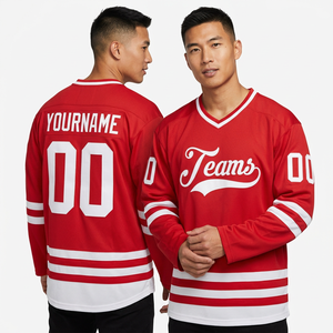 Camiseta de Hockey sobre Hielo Roja Personalizada con Logotipo del Equipo, Cuello en V, Secado Rápido, Manga Larga, 100% Poliéster, Patrón 3D, para Todas las Temporadas - Product Image 1