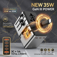 Chargeur universel rapide pour téléphone portable 100 watts, adaptateur de voyage USB-C tout-en-un avec câble rétractable