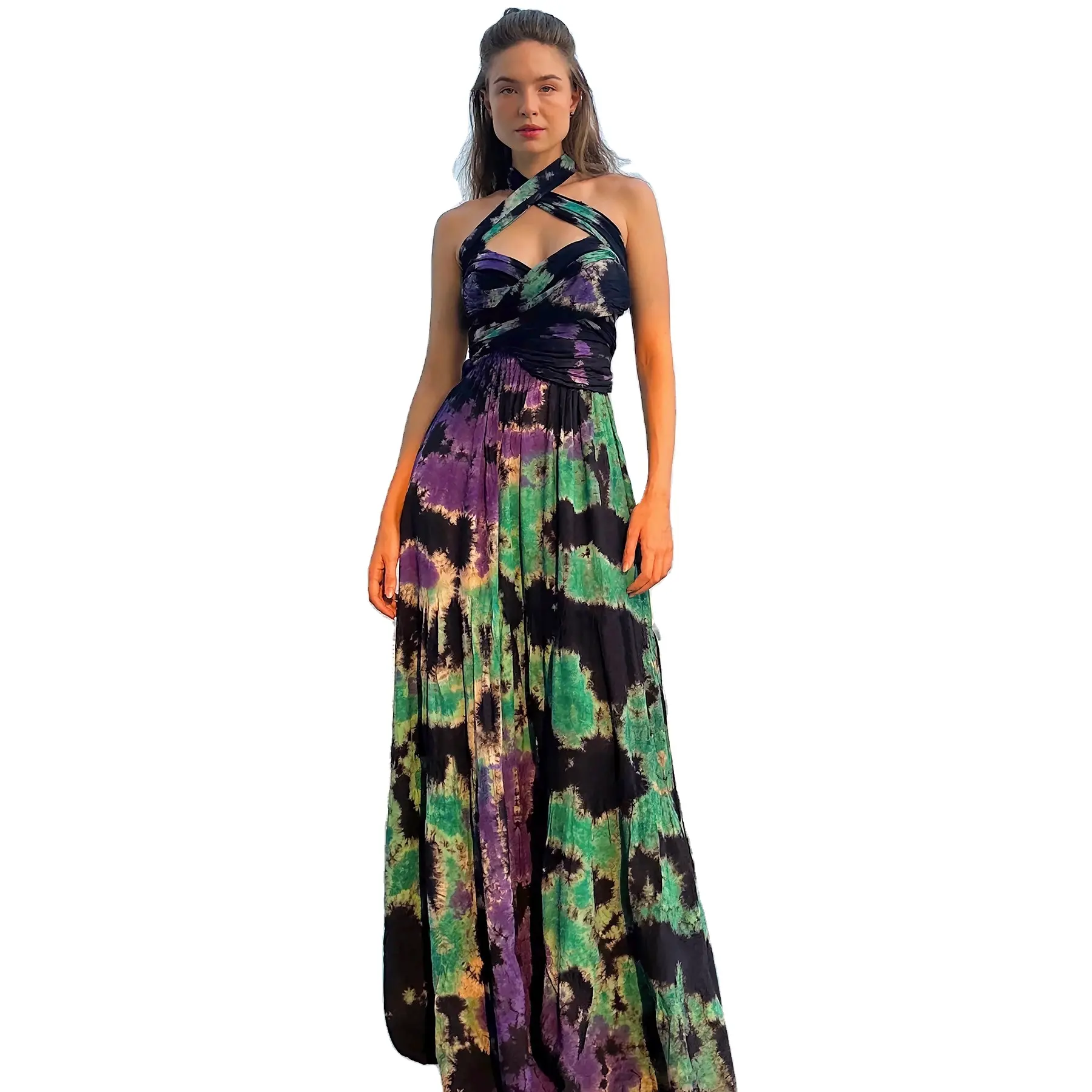 D4448 Multi color print front pleated strapless zipper fly casual fashion summer women long dress