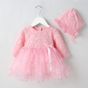 Robes de bébé en coton doux de <span class=keywords><strong>3</strong></span> à 6 mois avec chapeau, <span class=keywords><strong>robe</strong></span> de baptême florale à manches longues pour bébé fille - Product Image 1