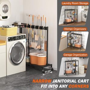 Soporte para escobas con organizador de suministros de limpieza, <span class=keywords><strong>armario</strong></span> de almacenamiento para escobas con carrito de limpieza, carrito de limpieza - Product Image 3