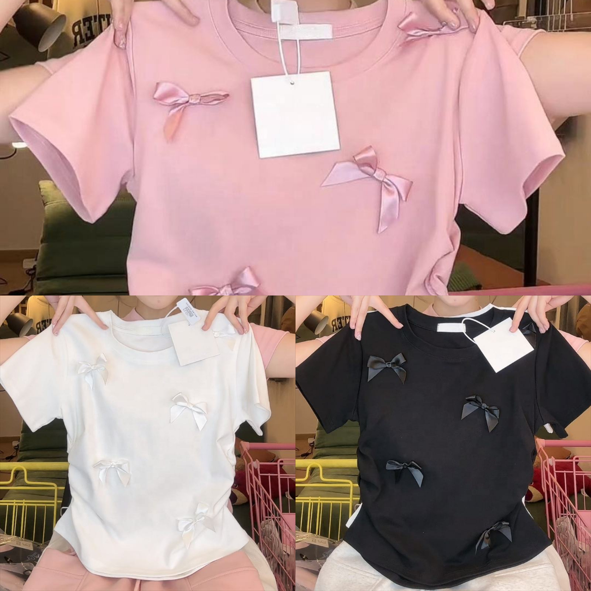 New Sweet Bow pink Polyester Round Neck Short Sleeved T-shirt Spicy Summer New Women's Slim Fit Short Top
