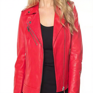 Womens Real Red <b>Leather</b> Biker <b>Jacket</b> Asymmetric Zip Lapel Collar Sheepskin Coat Zipper Pockets Slim Fit Custom Outwear New Look - Product Image 1