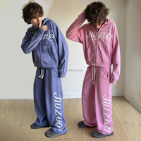 Ensemble de survêtement unisexe streetwear personnalisable avec logo, sweat-shirt zippé coupe ample et pantalon de jogging grande taille délavé à l'acide, style oversize