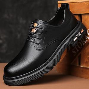 Chaussures décontractées pour hommes en cuir à lacets, bout rond, semelle extérieure en caoutchouc antidérapante, style automne - Product Image 1