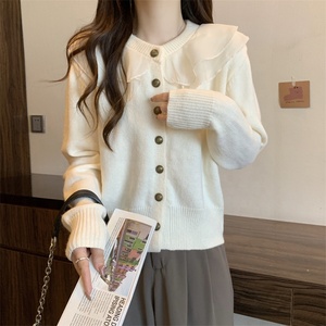 Maglione lavorato a <span class=keywords><strong>maglia</strong></span> <span class=keywords><strong>in</strong></span> tinta unita da donna con Design a balze all'ingrosso <span class=keywords><strong>in</strong></span> pizzo Chiffon con colletto arricciato Cardigan con bottone invernale - Product Image 5