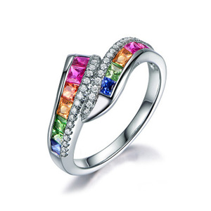 Anello con fascia in pietre preziose colorate per donna, elegante regalo di anniversario, gioiello da dito - Product Image 3