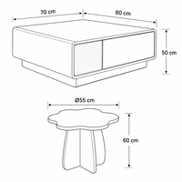 Table basse moderne en bois laqué à motifs pétales, avec bord arqué contrastant, tiroir dissimulé et panneau en verre technologique, pour salon