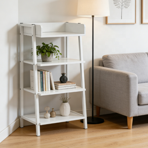 Étagère échelle blanche à 4 niveaux, style moderne et minimaliste, avec garde-corps, meuble de rangement ouvert autoportant pour salon et chambre - Product Image 1