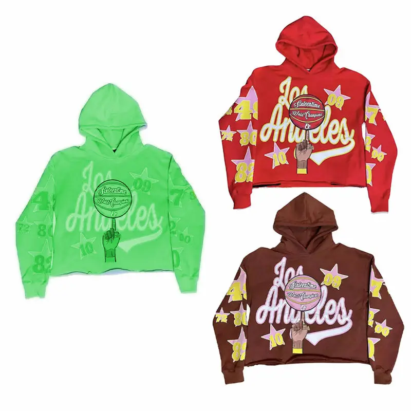 Fashion high quality street wear hoodies oversized pullover printed logo no string raw hem cut edge distress hoodie men