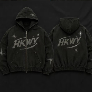 Cotton Canvas Rhinestone Heavyweight Zip Up Hoodie Men Custom Logo Luxury Streetwear Relaxed Fit YKK <b>Zipper</b> Rhinestone <b>Jacket</b> - Product Image 3
