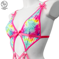 Bodysuit Harness Tie Dye Digital Print JINZHU, Lingerie Erotis Wanita Seksi dengan Hiasan Pita