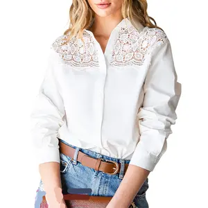 2024 sıcak satış yeni tasarım ürünleri dantel tığ ekleme kadın gömlek düğme Up beyaz gömlek