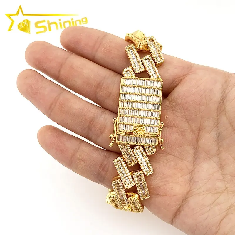 Bán Sỉ Trang Sức Hip Hop Trang Sức Rapper Iced Out Mens Vàng Baguette Kim Cương Vòng Đeo Tay Cuba