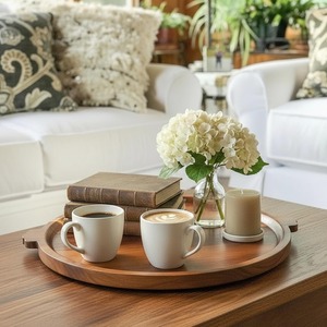Plateau de service rond en bois d'acacia de 13 pouces avec poignées, plateau décoratif pour table basse ottoman, plateau de service à fromage en bois - Product Image 4