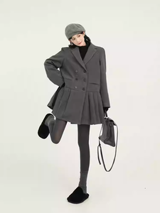 Abito da donna grigio con risvolto <span class=keywords><strong>e</strong></span> maniche lunghe, autunno <span class=keywords><strong>e</strong></span> inverno, stile coreano, gonna corta in lana ampia - Product Image 1
