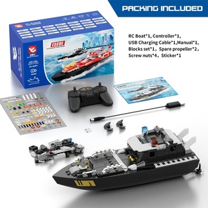 Bateau télécommandé Flytec V103 2 en 1, blocs de construction, 15 km/h, bateau de guerre militaire de police télécommandé avec câble USB, portée de 50 m pour enfants - Product Image 2