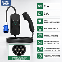 Chargeur EV portable intelligent Type 2 7kW 32A réglable, mode CE 2 IEC 61851, prise CEE, écran LED, minuterie, 5m, station murale domestique UE