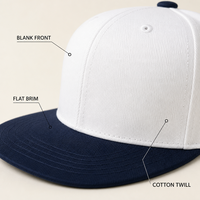 Casquette de baseball unie à visière plate, bicolore blanc et marine, en coton, 6 panneaux, réglable, avec logo personnalisé, unisexe, vente en gros, OEM, faible MOQ