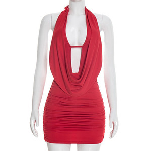 Robe moulante mini sexy pour femme, dos nu, col halter profond en V, <span class=keywords><strong>sans</strong></span> <span class=keywords><strong>manches</strong></span>, froncée, pour soirée en boîte de nuit - Product Image 4