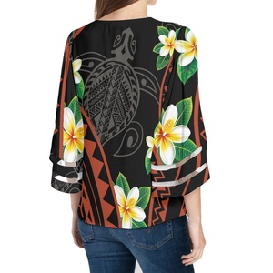 Hawaii fleurs et <span class=keywords><strong>tortue</strong></span> Design polynésien Tribal <span class=keywords><strong>tatouage</strong></span> imprimé Blouses mignon surdimensionné col en v femmes Blouses t-shirts pour femmes - Product Image 3
