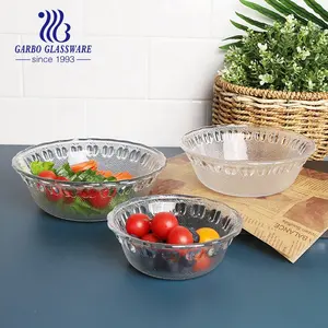 Wholesale engraved nice big glass salad bowl fine-quality 9 inch pressed clear glassware for fruit and salads with apple design