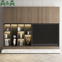 Mueble de TV de Pared Integrado de Lujo SLS con Chimenea, Centro Multimedia Moderno de Madera Oscura, Pantalla con Retroiluminación LED, Mueble para Sala de Estar